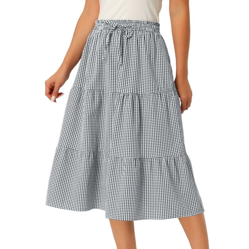 Women's Gingham Skirt Summer Casual Tiered Plaid A-Line Midi Skirts Black